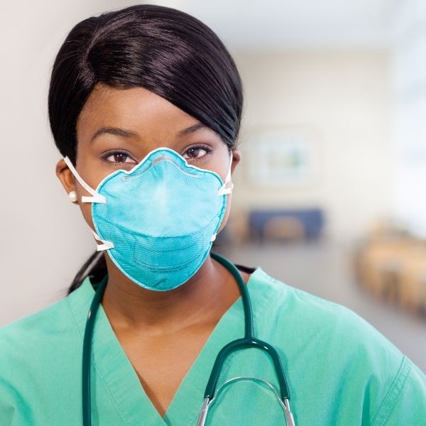 Portrait photo of an African American female nurse with a surgical mask
